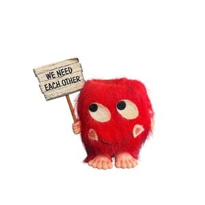 Russ Berrie 1975 Red Furry Monster Figurine‎ with We Need Each Other Sign